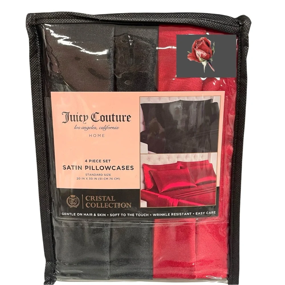 4 Juicy Couture Satin Pillowcases Solid Silky ~2 Black / 2 Red Standard NEW NIP